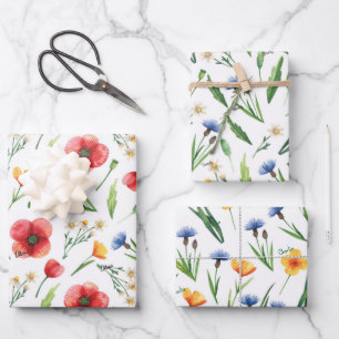 WP Namen 3 Farbige Wildblumen 19x29 Wasserfarben Geschenkpapier Set