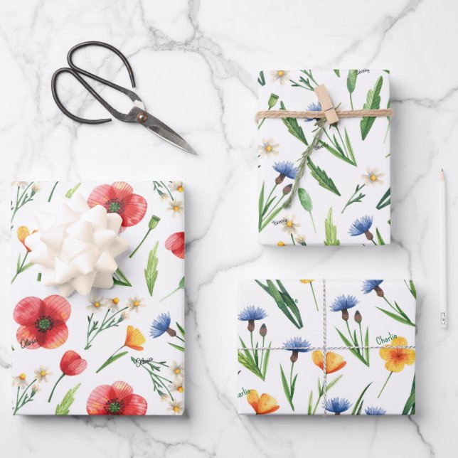 WP | Namen 3 Farbige Wildblumen 19x29 Wasserfarben Geschenkpapier Set (Vorderseite)