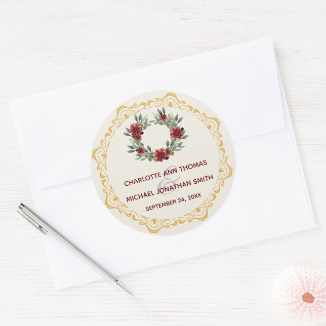 Wraath mit Gold-Rahmen-Hochzeitsticker Runder Aufkleber (Umschlag)