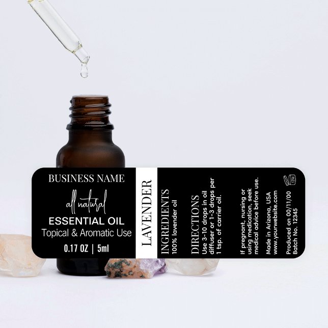Wrapper, wasserdicht etiketten (Minimalist black essential oil waterproof label with space for your product details & ingredients)