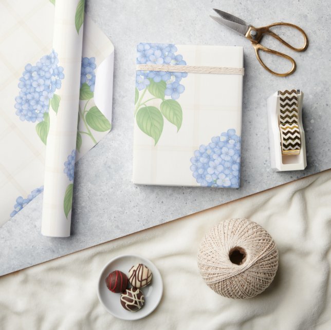 Wrapping Paper | Blue Hydrangea | Luxe Ivory Plaid Geschenkpapier (Handwerk)