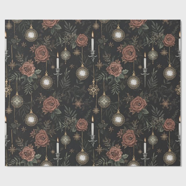 Wrapping Paper – Crimson Roses, Gold Ornaments  Geschenkpapier (Flach)