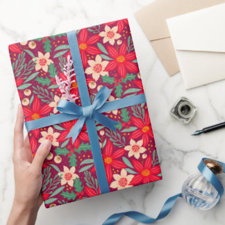 Wrapping paper for Christmas with red poinsettia. Geschenkpapier