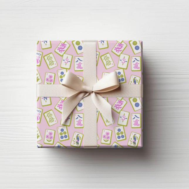 Wrapping Paper Geschenkpapier (Preppy hand drawn Mahjong Tiles tossed on a pastel pink background.)