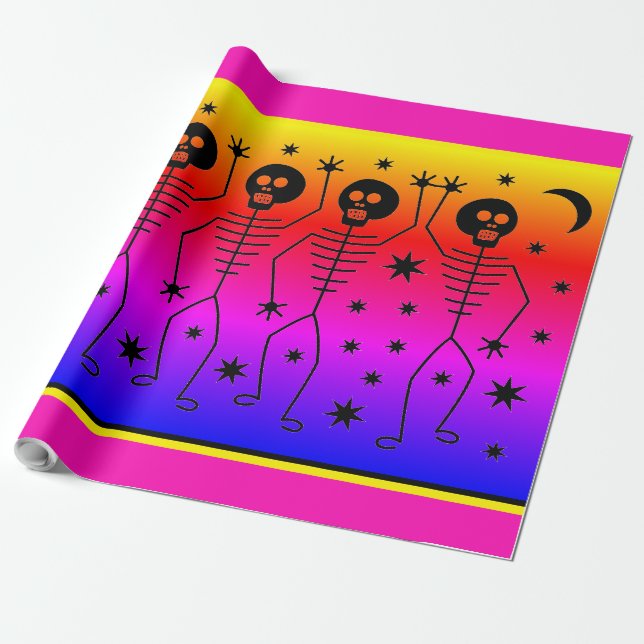 Wrapping Paper HALLOWEEN RAINBOW DANCING SKELETONS Geschenkpapier (Ungerollt)