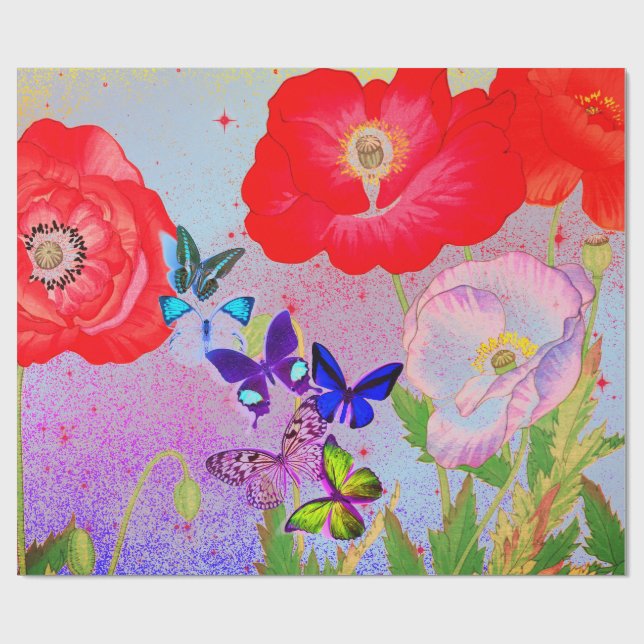 Wrapping Paper JAPANESE POPPIES AND BUTTERFLILIES Geschenkpapier (Flach)