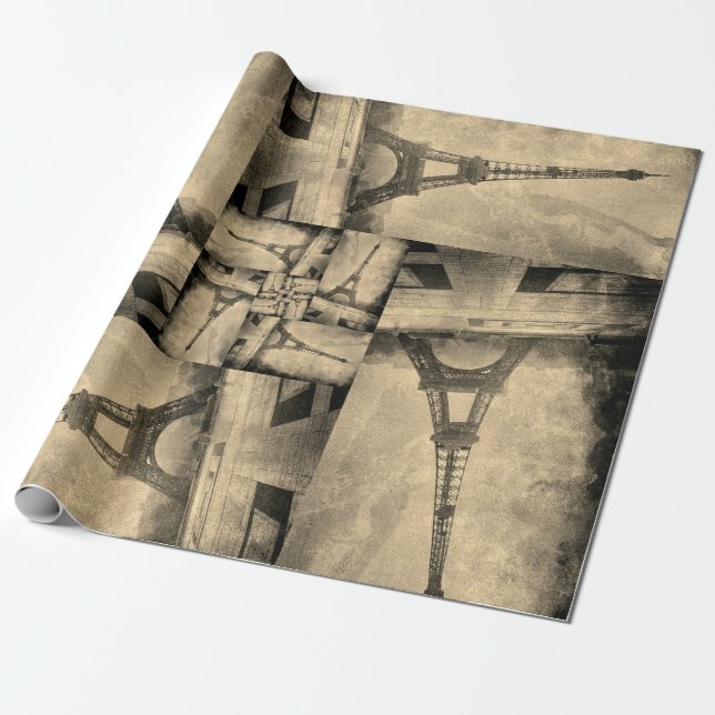 Wrapping Paper Roll Eiffel Tower Collage Design Geschenkpapier (Ungerollt)