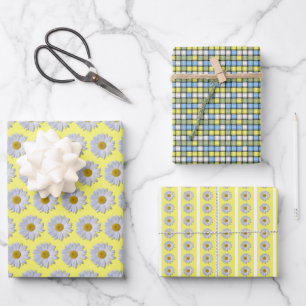 Wrapping Paper Set - New White Daisy on Yellow Geschenkpapier Set