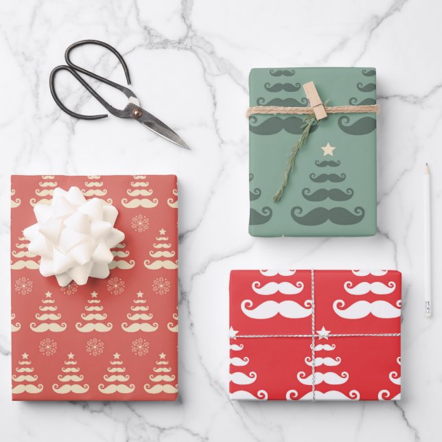 Wrapping Paper Sheet "Christmas Mustache Trees" Geschenkpapier Set (Vorderseite)