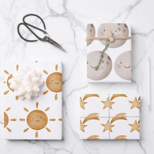 Wrapping Paper Sheets - Sun, Moon And Falling Star Geschenkpapier Set (Vorderseite)
