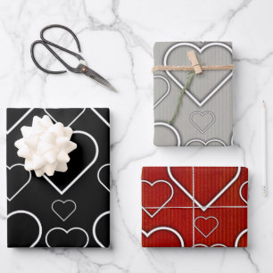 Wrapping Paper Sheets Valentine's Black Gray Red Geschenkpapier Set