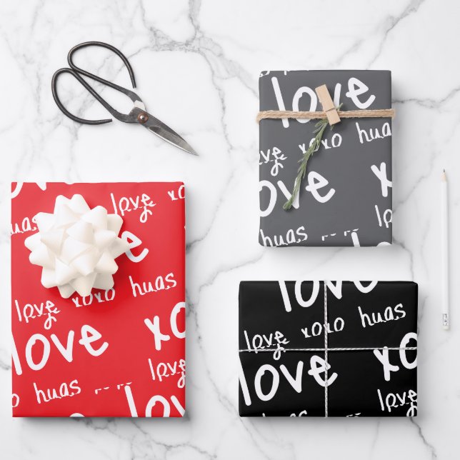 Wrapping Paper Sheets Valentine's Red Black Gray Geschenkpapier Set (Vorderseite)