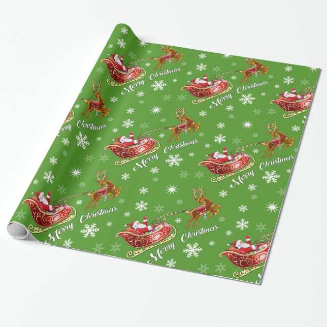 Wrapping Papier für Santa & Sleigh. Glossgrün rot Geschenkpapier (Ungerollt)