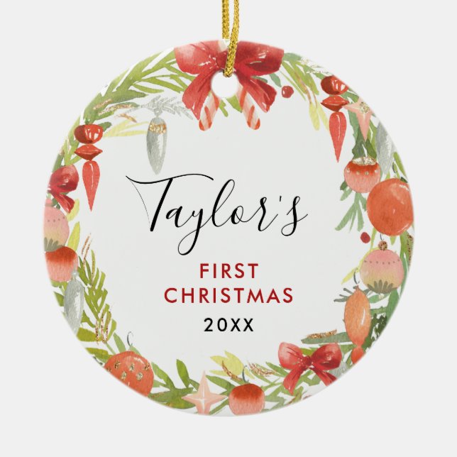 Wreath Baby's 1. Weihnachten | Niedliches Baby-Fot Keramik Ornament (Vorne)