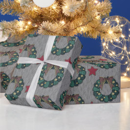 Wreath Bow mit Red Christmas Stars Steel Grau Geschenkpapier