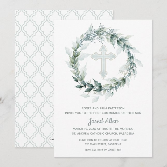 Wreath Croix Bleue Première communion Invitations (Devant / Derrière)