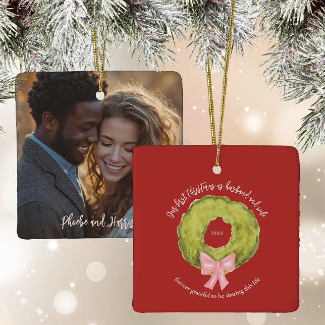Wreath First Christmas Verheiratet Couple Keepake Keramikornament (Von Creator hochgeladen)