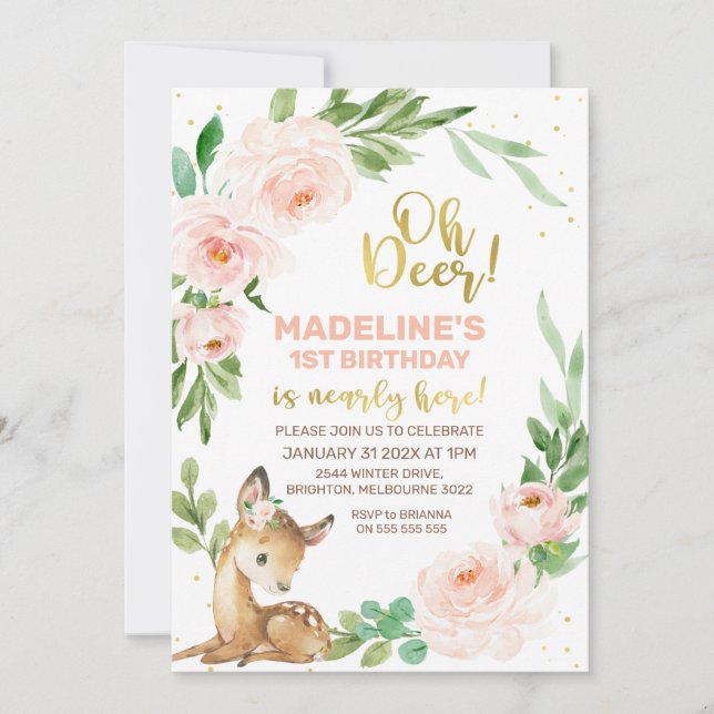 Wreath Floral Rose Oh Deer Invitation Anniversaire (Devant)
