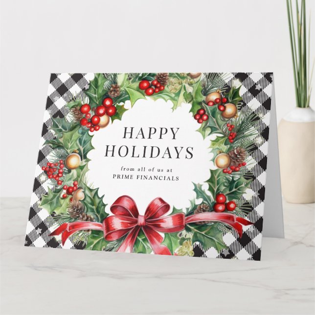 Wreath Holly Berries Kariert Business Holiday Karte (Vorderseite)