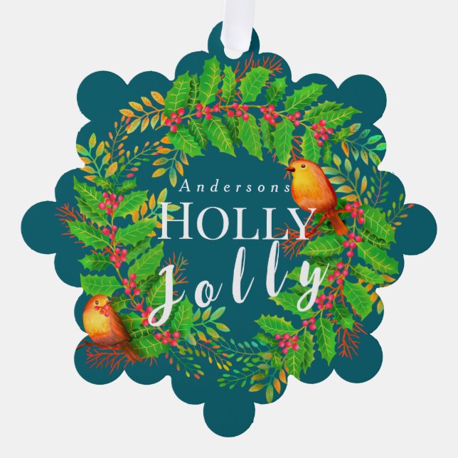 Wreath Holly Jolly Family Dark Aquamarin Ornament Karte (Vorderseite)