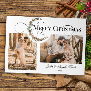 Wreath & Merry Christmas Typografie Multi-Foto Dreifach Gefaltete Urlaubskarte