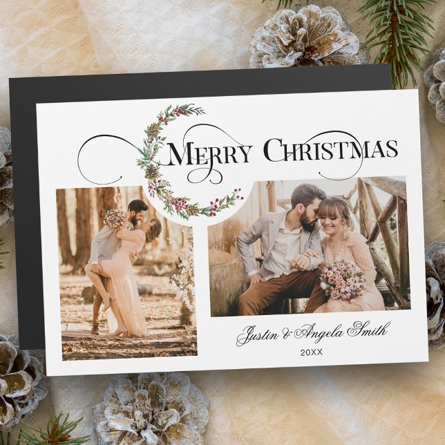 Wreath & Merry Christmas Typografie Multi-Foto Magnetkarte (Von Creator hochgeladen)