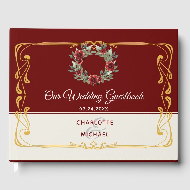 Wreath mit Gold Frame Wedding Gästebuch (Vorderseite)