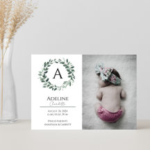 Wreath Monogram Baby Birth Announcement Card