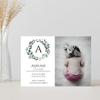 Wreath Monogram Baby Birth Announcement Card Ankündigung