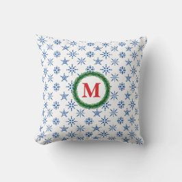 Wreath Monogram Blue Snowflakes White Background Kissen