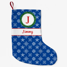 Wreath Monogram, Ihr Name Blau & Weiße Schneeflock Kleiner Weihnachtsstrumpf