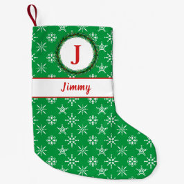 Wreath Monogram, Ihr Name Grün & Weiße Schneeflock Kleiner Weihnachtsstrumpf