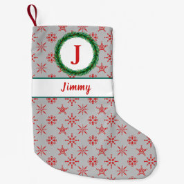 Wreath Monogram, Ihr Name Silver & Red Snowflakes Kleiner Weihnachtsstrumpf