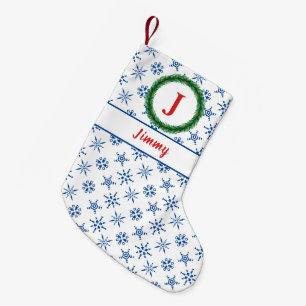 Wreath Monogram, Ihr Name Weiß & Blau Schneeflocke Kleiner Weihnachtsstrumpf