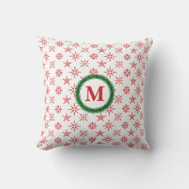 Wreath Monogram Red Snowflakes White Background Kissen