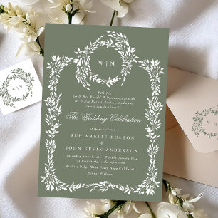 Wreath Monogram Sage Green Classic Frame Wedding Einladung