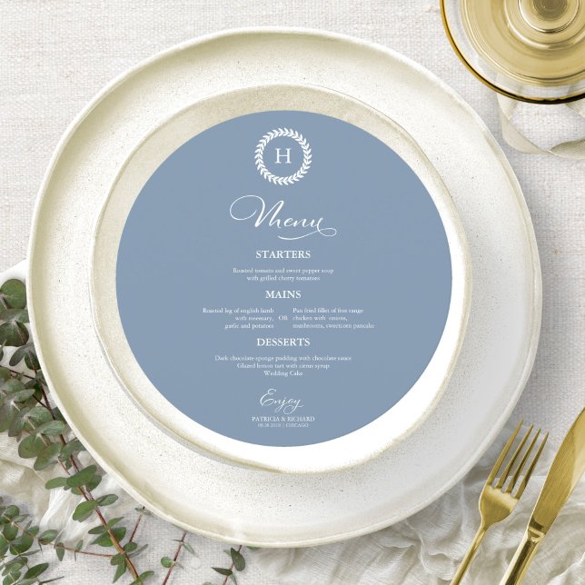 Wreath Monogram Wedding Menu Cards Dusty Blue Menükarte (Von Creator hochgeladen)