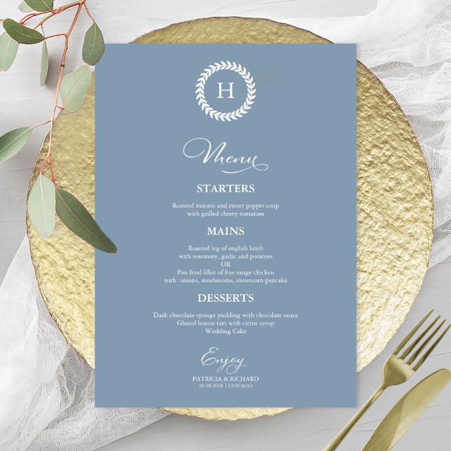 Wreath Monogram Wedding Menu Cards Dusty Blue Menükarte (Von Creator hochgeladen)
