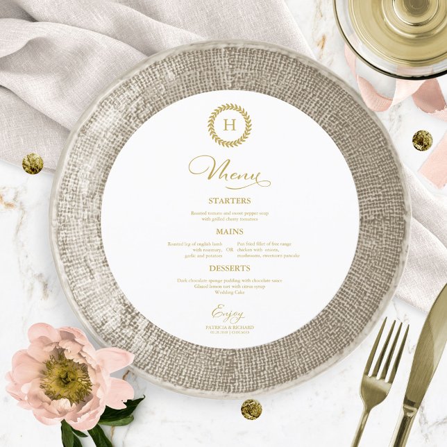Wreath Monogram Wedding Menu Cards Gold Menükarte (Von Creator hochgeladen)
