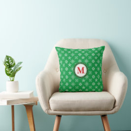 Wreath Monogram Weiße Schneeflocken Grüner Hinterg Kissen