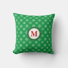 Wreath Monogram Weiße Schneeflocken Grüner Hinterg Kissen