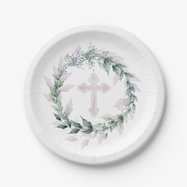 Wreath & Pink Cross Kommunion Taufe Christening Pappteller (Vorderseite)