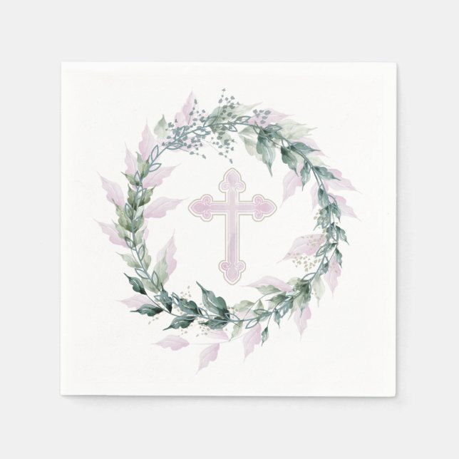 Wreath & Pink Cross Kommunion Taufe Christening Serviette (Vorderseite)