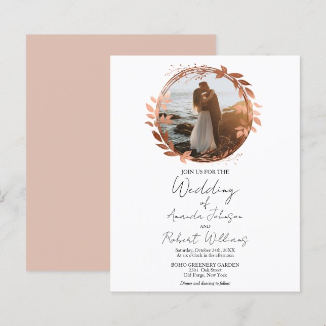 Wreath Rose Gold Foil Calligrafy Foto Hochzeit in (Vorne/Hinten)
