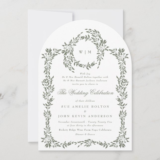 Wreath Sage Green Elegante Rahmen Hochzeitsarsch Einladung (Vorderseite)