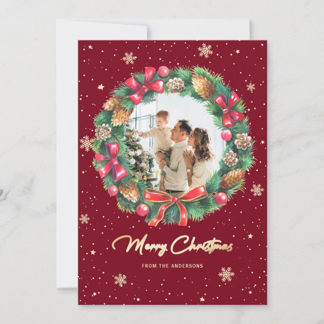 Wreath Snowy Gold Rotes Foto Weihnachten (Vorderseite)