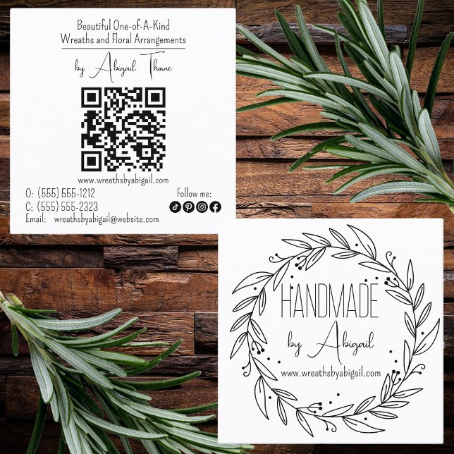 Wreath Vines Handmade | Handgefertigte Visitenkart Quadratische Visitenkarte (Wreath and Vines "Handmade" Crafting QR Code Black | White Business Card )
