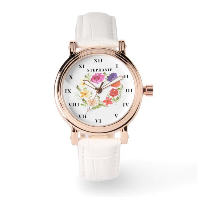 Wreath Watercolor Blumenpeere Moderne Armbanduhr (Vorderseite)