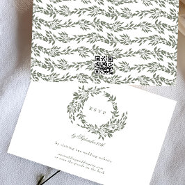 Wreath White Sage Green Elegant Wedding QR CODE RSVP Karte