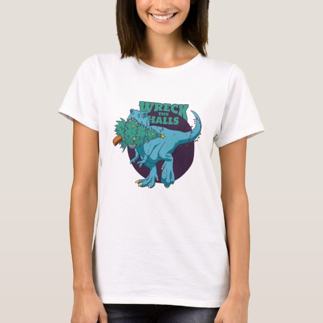 Wreck the Halls T-rex Weihnachten T-Shirt (Vorderseite)